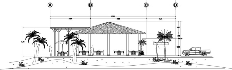 Vector sketch of architectural illustration of seaside cafe design