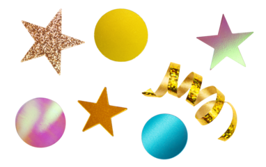 Set of various confetti and golden serpentine streamer isolated on transparent background. Serpentine curly string and variety confetti as an element for design.