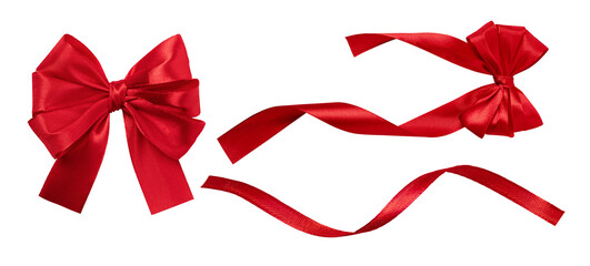 Set of red silk tied bow and wavy red ribbon for gift package decoration. Tied bow and red ribbon isolated on transparent background. - 613874289