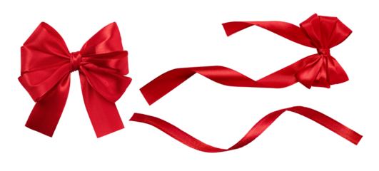 Set of red silk tied bow and wavy red ribbon for gift package decoration. Tied bow and red ribbon isolated on transparent background.