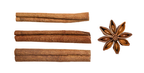 Anise star and cinnamon sticks isolated on transparent background. Anise star spice with seeds and cinnamon as an element for design. - 613874293