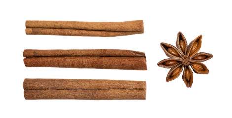 Anise star and cinnamon sticks isolated on transparent background. Anise star spice with seeds and cinnamon as an element for design.