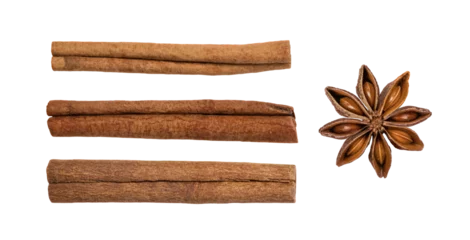 Foto auf Alu-Dibond Anise star and cinnamon sticks isolated on transparent background. Anise star spice with seeds and cinnamon as an element for design. © Inna Dodor