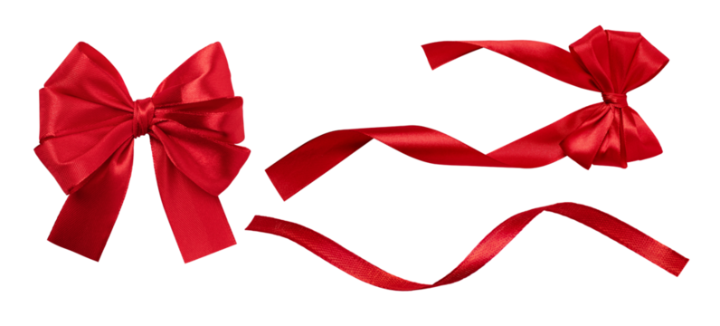 Set of red silk tied bow and wavy red ribbon for gift package decoration. Tied bow and red ribbon isolated on transparent background.