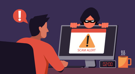 Cybercrime concept, man shocked by criminal, black hood thief hide behind computer monitor with emergency alert of threat by malware, phishing or hacker, vector flat illustration - obrazy, fototapety, plakaty