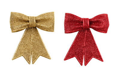 Red and golden Christmas ornament bow isolated on transparent background. Red and golden tied bow...