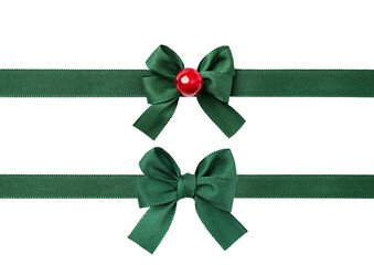 Set of green ribbon and tied bow for Christmas gift package decoration. Tied bow with ribbon as an...