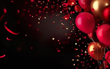 Gold and red confetti and balloon on a black background with copy space. AI, Generative AI