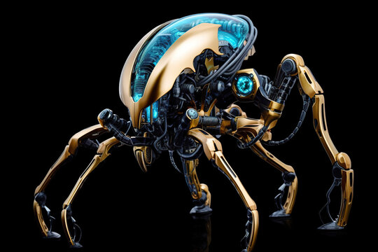 A close up of a toy spider with a black background. Generative AI.