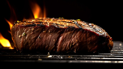 Macro shot of a steak being grilled to medium on the grill.by Generative AI.