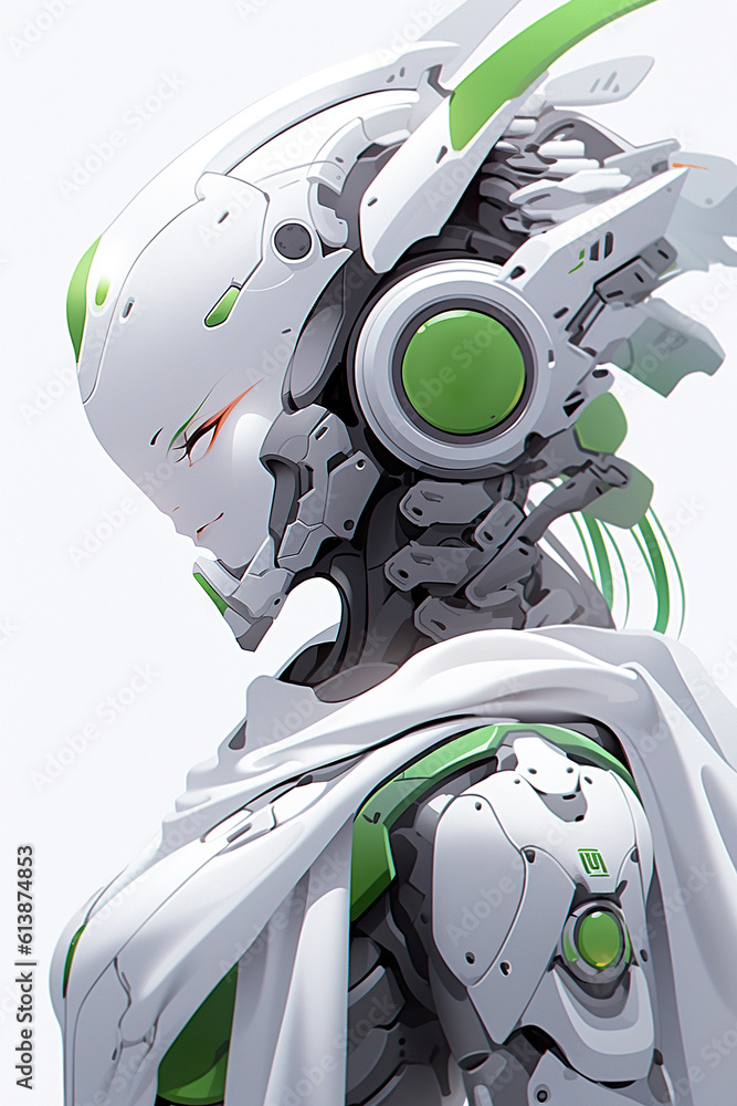 Poster a close up of a robot with headphones on. generative ai.