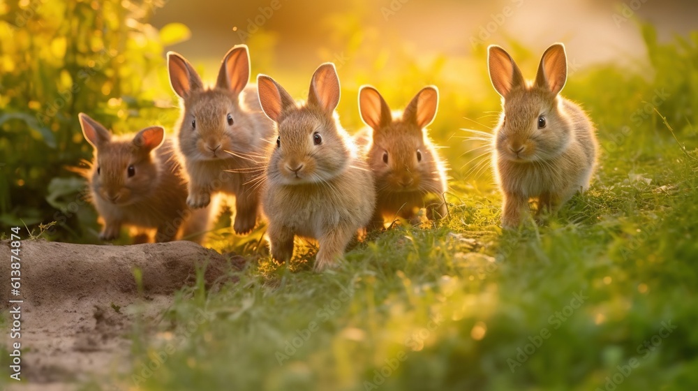Poster a group of rabbits standing next to each other on a field. generative ai