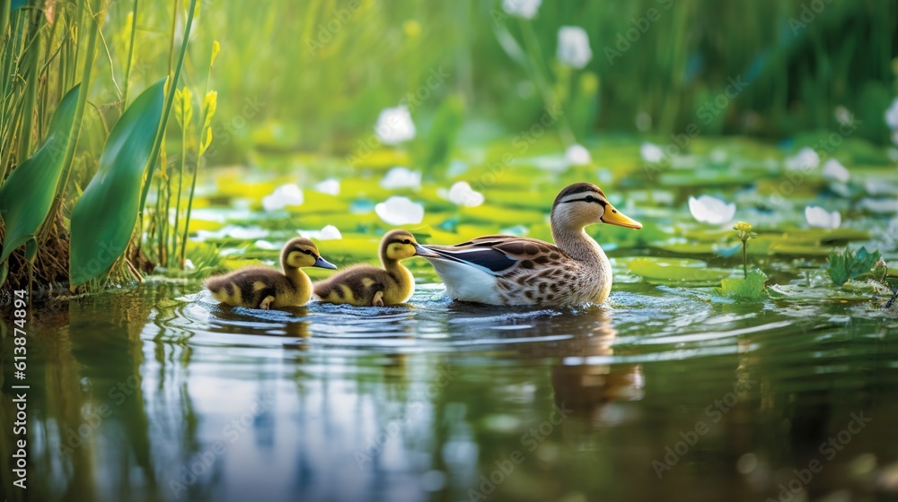 Poster a group of ducks floating on top of a lake next to tall grass. generative ai