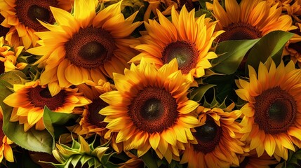 Naklejka na ściany i meble a large group of sunflowers with leaves on them. generative ai