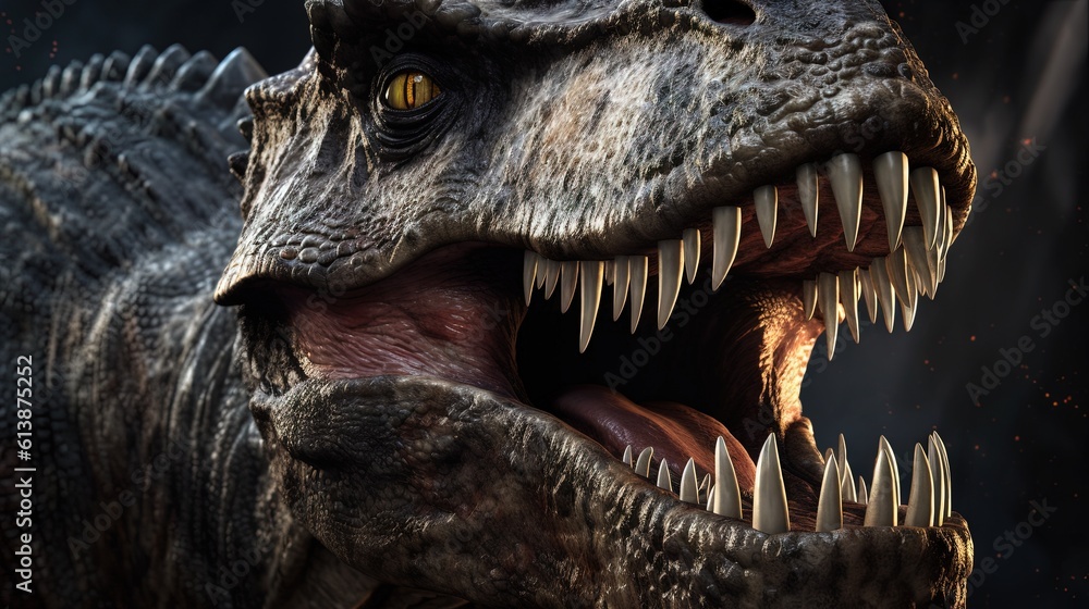 Poster a close up of a dinosaur with its mouth wide open. generative ai