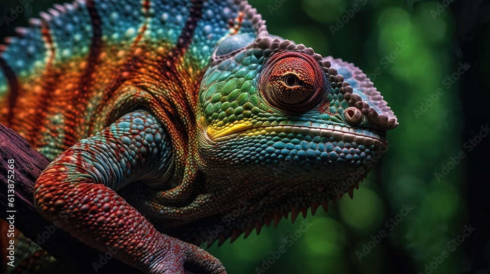 Aufkleber a colorful chamelon is sitting on a tree branch. generative ai