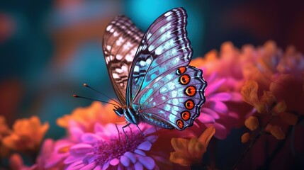Fototapeta na wymiar a blue butterfly sitting on top of a pink flower with a blurry background. generative ai