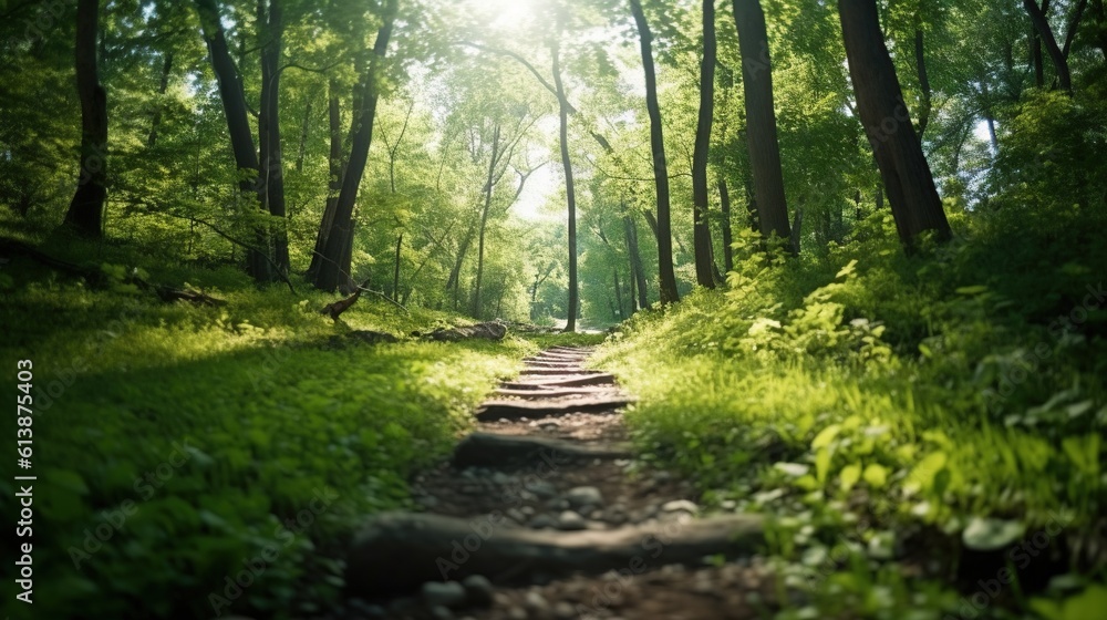 Aufkleber a path in the middle of a lush green forest with sun shining through the trees. generative ai