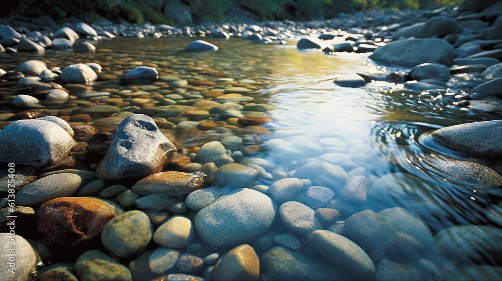 Poster a river with rocks and water running through it and a few trees in the background. generative ai