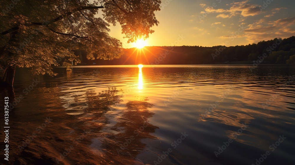 Poster  the sun is setting over a lake with trees in the foreground.  generative ai