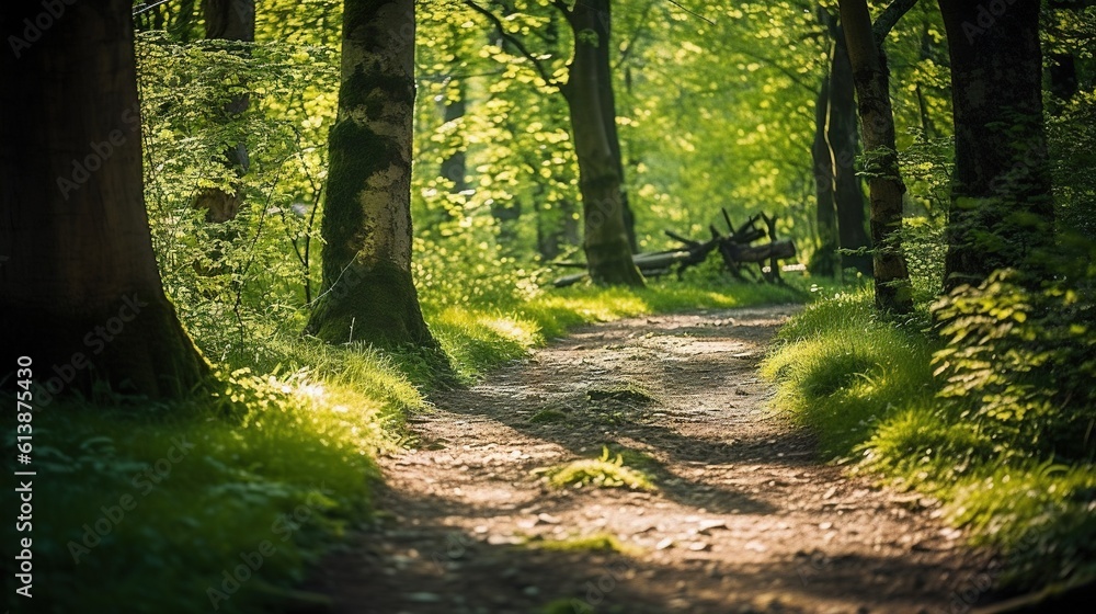 Aufkleber a dirt path in the middle of a forest with lots of trees. generative ai