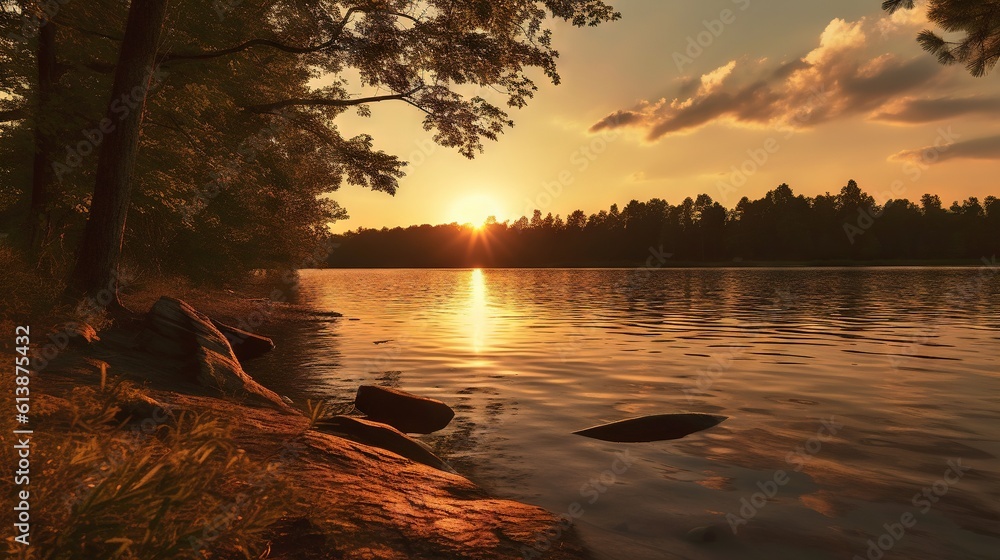 Poster the sun is setting over a lake with rocks in the foreground. generative ai