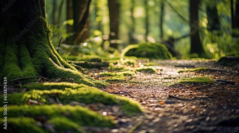 Poster a path in the middle of a forest covered in green moss. generative ai
