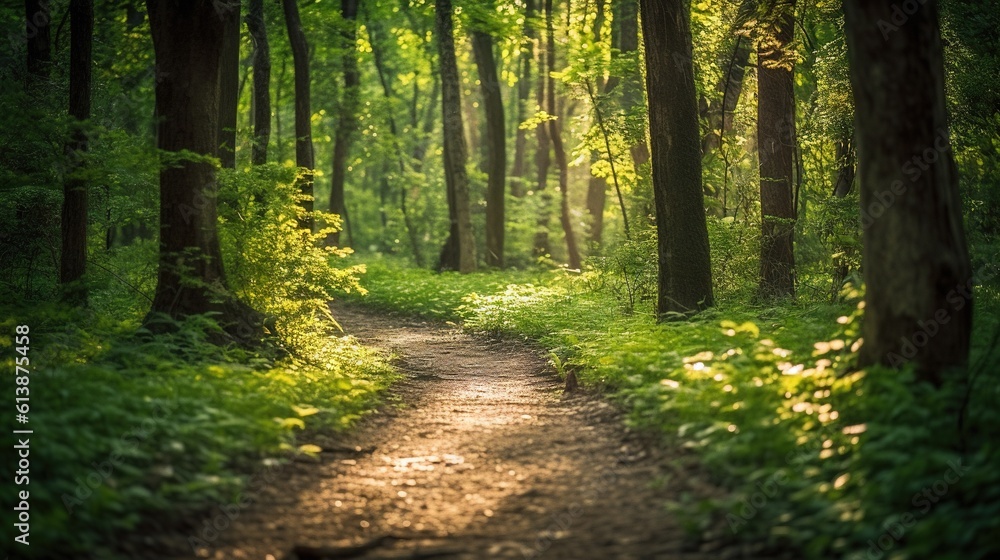 Aufkleber a path in the middle of a forest with lots of trees. generative ai