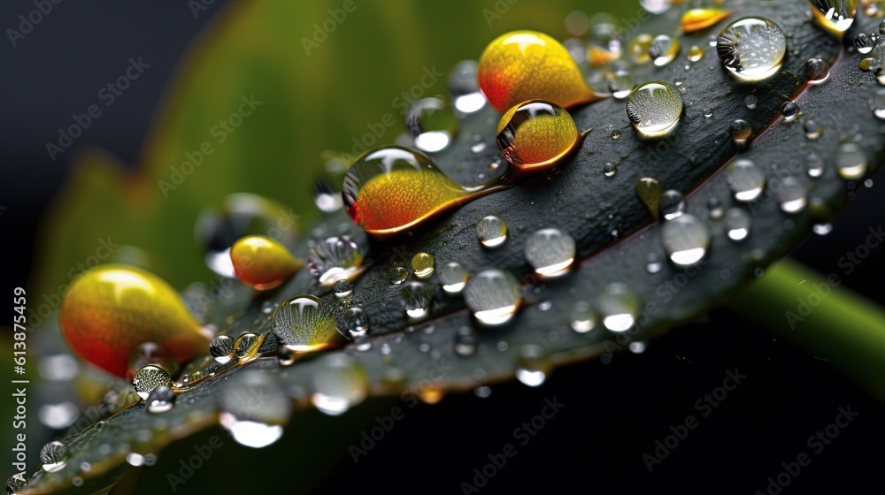 Poster a close up of a leaf with drops of water on it. generative ai