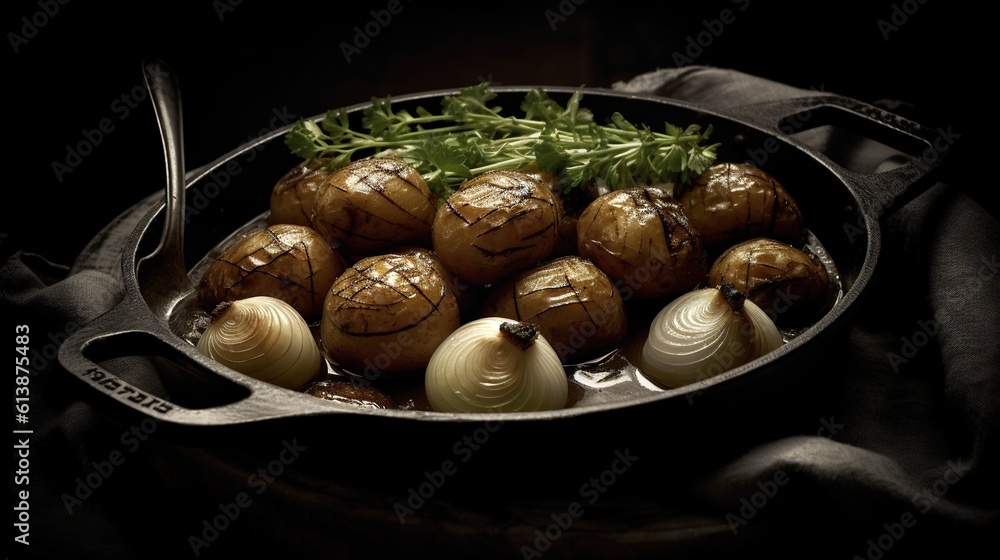 Poster a pan filled with onions and greens on top of a table. generative ai