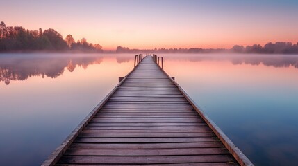  a long dock extending into a lake at sunrise or dawn. generative ai