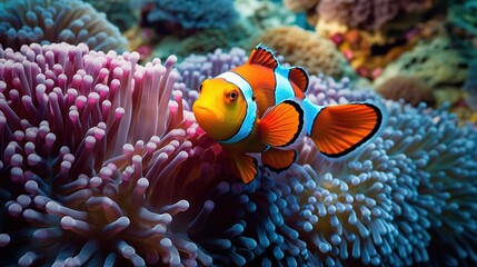 Fototapeta na wymiar a clown fish is swimming in the water among corals. generative ai