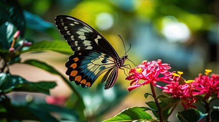 Naklejka na ściany i meble a butterfly sitting on top of a pink flower next to green leaves. generative ai
