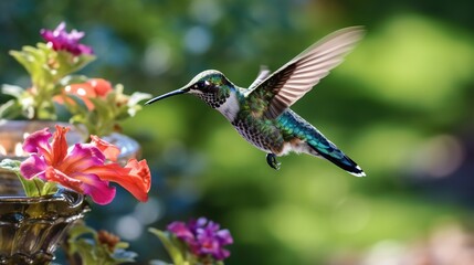 Naklejka na ściany i meble a hummingbird hovering over a flower pot with flowers in it. generative ai