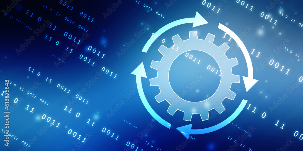 Poster update icon with binary codes on technology abstract background, update system upgrade software vers