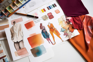 Generative AI illustration of fashion clothes sketches near fabric swatches, color board, palette and color pencil in workshop