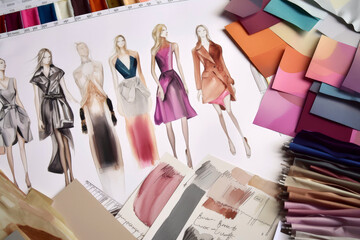 Generative AI illustration from above of various fashion dresses sketches near fabric swatches and palette in workshop