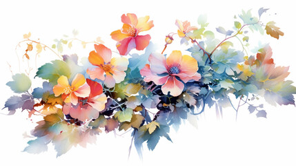 Watercolor painting of flowers and leaves isolated on white backgroundcreated with Generative AI technology