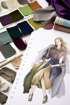 Generative AI illustration of fashion dress sketch near fabric swatches and color board in workshop