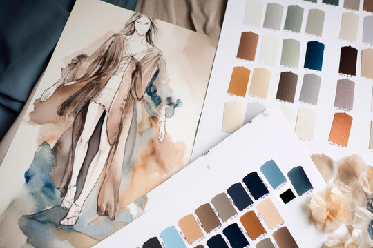 Generative AI illustration of fashion clothes sketches near fabric swatches, color board, palette and color pencil in workshop
