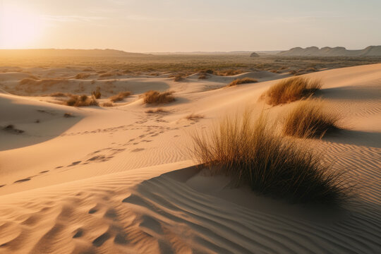 Generative IA illustration of desert dune landscape at sunset against mountains under blue sky