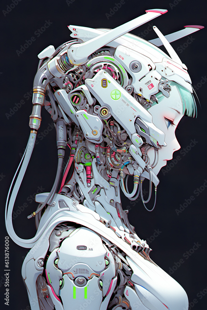 Aufkleber a woman with a robot head and a pair of scissors on her head. generative ai.