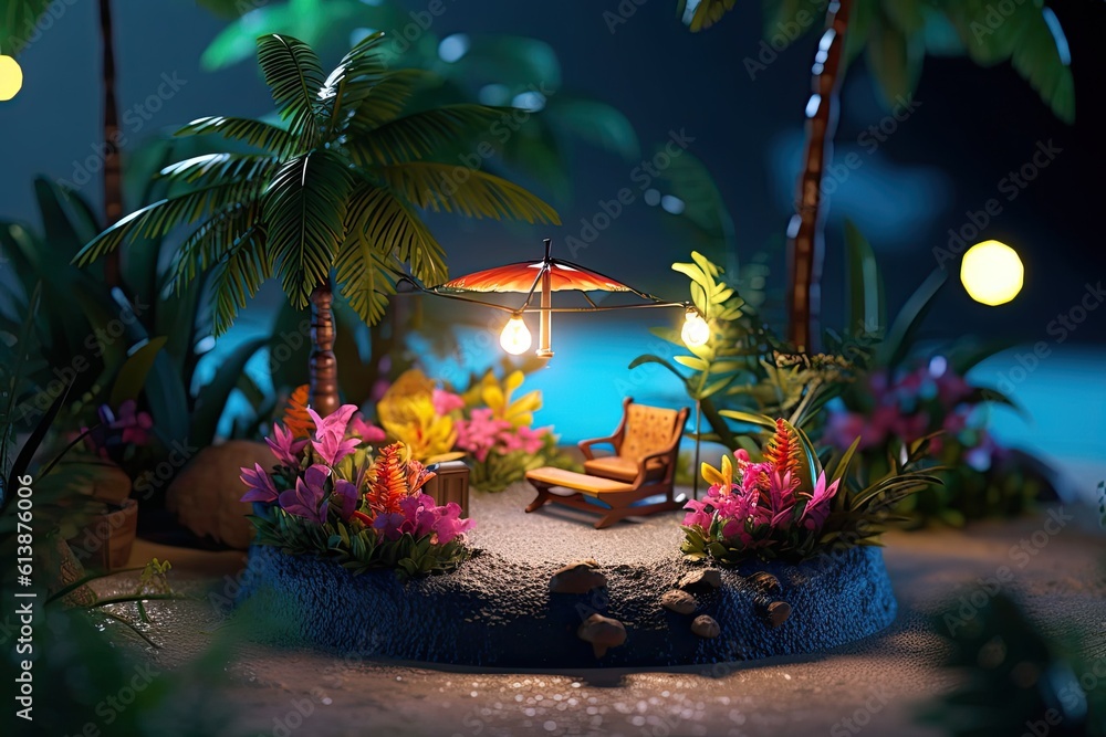 Poster Miniature tropical island with palm trees at night Generative Ai