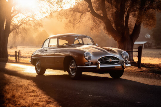 Generative AI illustration of old timer automobile parked on country road near lush trees against bright sunset in countryside