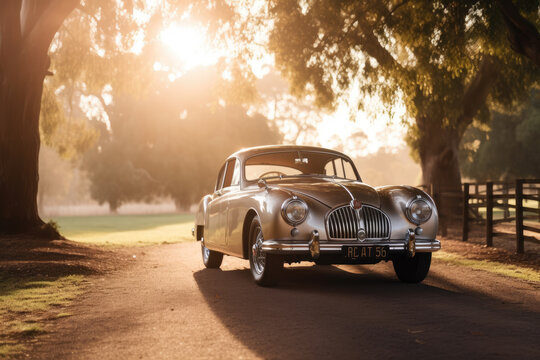 Generative AI illustration of old timer automobile parked on country road near lush trees against bright sunset in countryside