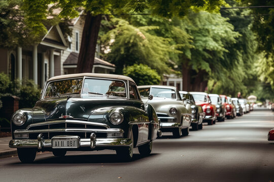 Generative AI illustration of old fashioned automobiles parked in row near green trees on sunny day during antique car show
