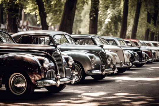 Generative AI illustration of old fashioned automobiles parked in row near green trees on sunny day during antique car show