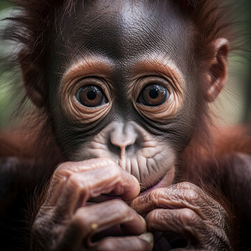 Generative AI illustration of cute monkey and looking at camera against blurred background