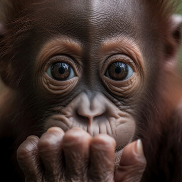 Generative AI illustration of cute monkey and looking at camera against blurred background