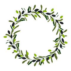 Green and black vector olive wreath. Olives are oil sign, healthy products, organic cosmetics, eco food, natural element